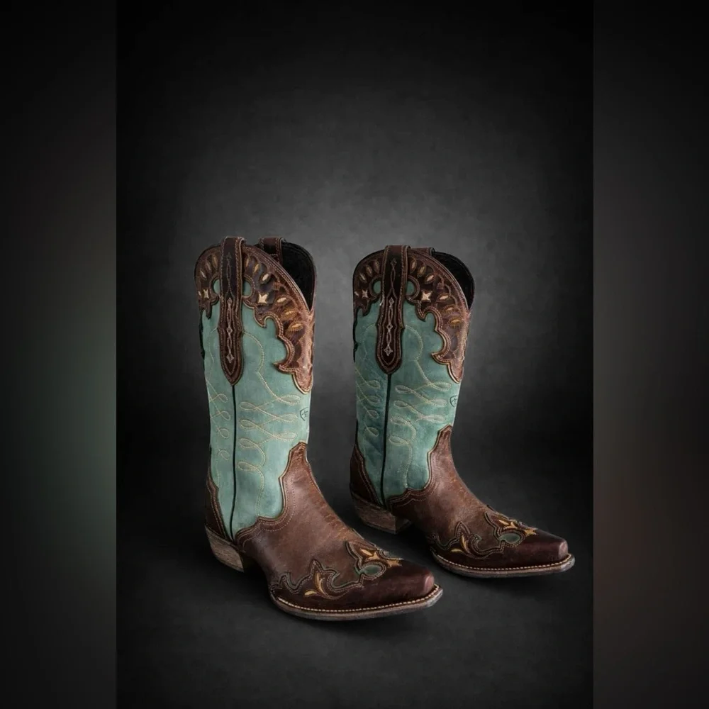 Ariat Brown and Teal Western Heeled Cowboy Boots - Picture 2 of 13